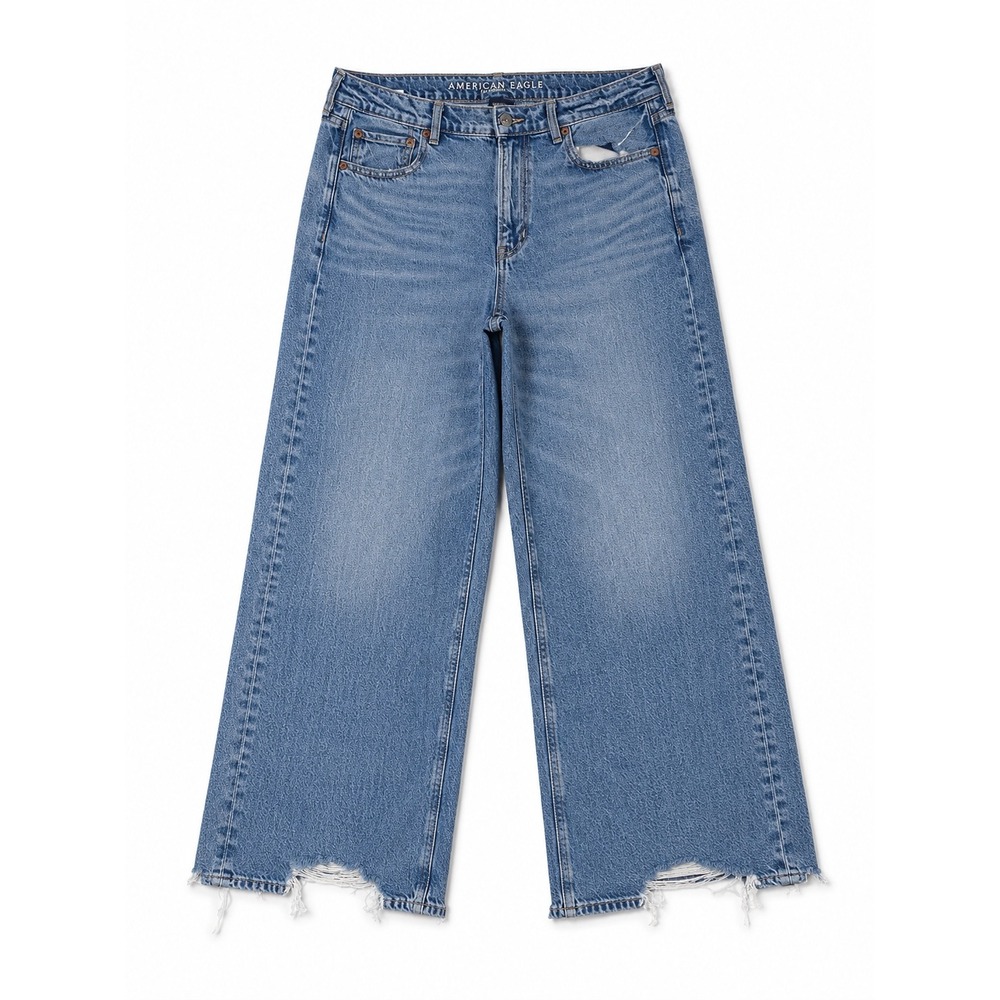 American Eagle Super High-Rise Baggy Wide Leg Jeans Blue 10 Long Frayed Hem